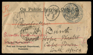 TASMANIA - Postal Stationery : TASMANIA - Postal Stationery: Frank Stamp: 1902 (Oct.25) registered use of Post and Telegraph Department envelope (136x73mm) to South Africa with fine strike of 'POSTMASTER LAUNCESTON/[Arms]/TASMANIA /FRANK-STAMP' in blue ov