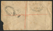 TASMANIA - Postal Stationery : TASMANIA - Postal Stationery: Frank Stamp: 1902 (Oct.25) registered use of Post and Telegraph Department envelope (136x73mm) to South Africa with fine strike of 'POSTMASTER LAUNCESTON/[Arms]/TASMANIA /FRANK-STAMP' in blue ov - 2