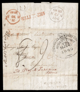 TASMANIA - Postal History : 1840 (June 16) entire to Roslin, Scotland, sent "p Hamilton" departing from Launceston with largely complete strike of the large oval '[Crown]/GENERAL POST OFFICE/HOBART TOWN/VDL/16JU16/1840' datestamp struck in black , initial