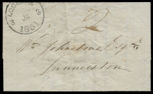 TASMANIA - Postal History : TASMANIA - Postal History: 1851 (Jan.3) Bank of Australasia (Launceston) folded printed notice sent locally and rated "2", with bold and largely complete strike of '1.O.CLOCK/3JA3/1851' datestamp in black. [The 1 o'clock datest