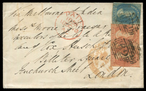 TASMANIA - Postal History : TASMANIA - Postal History: 1858 (Oct.18) cover to London endorsed "Via Melbourne & Aden" with Numeral Wmk imperf 1d brick-red pair (margins largely complete) & 4d blue cancelled by BN '62' obliterator of Hobart and partially ti