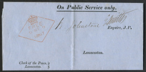 TASMANIA - Postal History : TASMANIA - Postal History: 1867 (May 6) 'On Public Service Only' printed court circular with 'Clerk of the Peace/Launceston' imprint at lower-left, sent locally with very fine strike of Launceston '[crown]/FREE/6MY6/1867' diamo