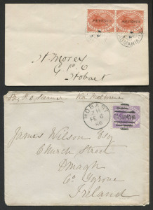 TASMANIA - Postal History : TASMANIA - Postal History: 1886 (Feb.6) cover to Ireland endorsed "By P. O. Steamer" and "Via Melbourne" with 6d Platypus Postal Fiscal tied by HOBART duplex, OMAGH arrival backstamp; also 1900 (Nov.30) 3d optd 'REVENUE' pair t
