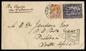 TASMANIA - Postal History : TASMANIA - Postal History: 1901 (Nov.30) Boer War era cover to Pretoria via Melbourne with 2d Pictorial & ½d Tablet tied by HOBART 'NO30/01' datestamps, fine strike triangular 'PRESS/CENSOR/PASSED/PRETORIA' handstamp on face, on reverse DURBAN transit & PRETORIA arrival datestamps.