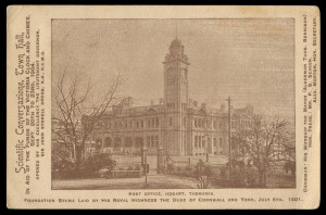 TASMANIA - Postal History : 1904 (Nov.23) illustrated postcard for the "Scientific Conversazione, Town Hall, in aid of the Funds of the Victoria Clock and Chimes" with image of Hobart Post Office, addressed to "Military Hospital, Middleburg, Cape Colony",