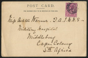 TASMANIA - Postal History : 1904 (Nov.23) illustrated postcard for the "Scientific Conversazione, Town Hall, in aid of the Funds of the Victoria Clock and Chimes" with image of Hobart Post Office, addressed to "Military Hospital, Middleburg, Cape Colony", - 2