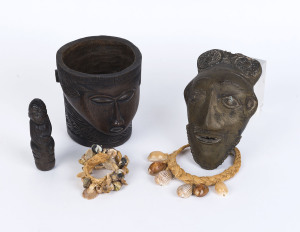African bronze mask, kris handle, shell jewellery and carved wooden cup, (5 items), the mask 20cm high