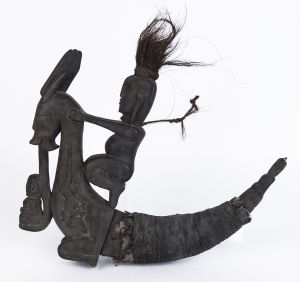 Medicine horn, carved wood, buffalo horn and fibre, Batak Nias tribe, Northern Sumatra, circa 1900, 56cm high, 53cm wide