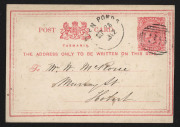 TASMANIA - Postal Stationery : TASMANIA - Postal Stationery: Postal Cards: 1d cards unused (8) all with blank backs except one with Official Souvenir illustration, used (6) incl. New Ponds to Hobart tied by BN '39' with GREEN PONDS 'SEP26/1882' datestamp - 2