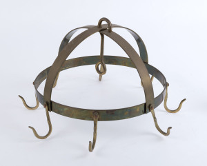 A hanging kitchen pot rack, copper and brass, 20th century, 35cm high, 40cm wide