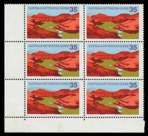 Decimal Issues : 1976 (SG.629) Australian Scenes 35c Wittenoom Gorge lower-left corner block of 6 (2x3) variety "Purple (distant hills in background) omitted or disappearing", fresh MUH, BW:749c - Cat $4000 for a complete omission on a single stamp. An impressive piece, being the lowest 3 rows of a block of 20; the upper units having had the colour completely omitted.