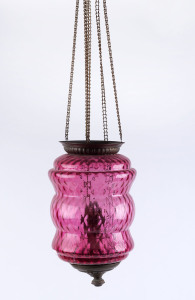 An antique hanging light, ruby glass with Kosmos Brenner single burner, 19th century, 35cm high