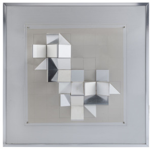 ISABEL DAVIES (Australia, 1929-.), Dyad, geometric construction in aluminium, perspex & timber, titled, dated '73, and signed verso, framed, overall 62 x 62cm.