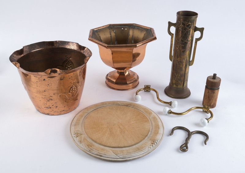 Copper and brass vases, antique bread board, assorted hooks and a vintage pepper mill, 19th and 20th century, (8 items), the largest 31cm high