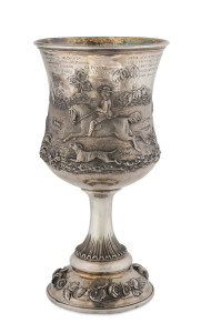 WILLIAM EDWARDS "Victorian Rifle Club Challenge Cup, Match No.1, First Prize" sterling silver trophy cup, circa 1863 superbly adorned with fine and deep repousse decoration by master decorator William Edwards depicting a hunting scene with three kangaroos