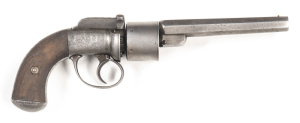 ENGLISH TRANSITION PERCUSSION REVOLVER: 54 bore; 6 shot cylinder; 132mm (5¼") octagonal barrel; f. bore; standard sights; foliate engraving to frame, back strap & t/guard; slight wear to profiles & engraving; silver grey patina to barrel, frame, cylinder,