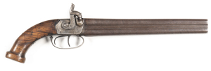 ENGLISH U/O PERCUSSION TRAVELLING PISTOL: 56 Cal; 256mm (10½") round damascus barrels struck with The Gunmaker’ s Company proofs to the breech; poor bores; foliate engraved boxlock side hammer action & extended back strap; g. profiles, clear proofs & engr