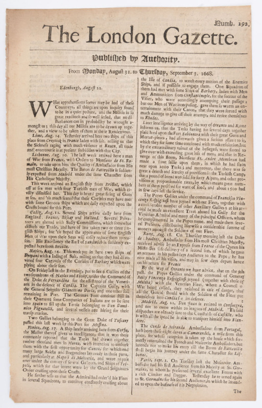 LONDON GAZETTE - ENGLAND - 1668 issues: largely complete September to December run (between #292 and 326, ex 301, 303 & 320): content mostly concerns news from various European cities, plus fleet movements, ship arrivals, and religious news including Papa