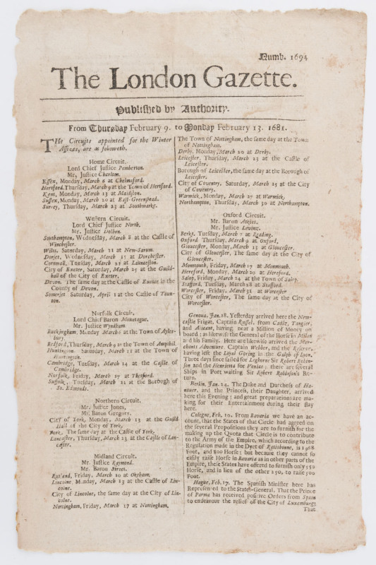 LONDON GAZETTE - ENGLAND - 1679-1684: large group of issues between numb.1449 and 1980: with many articles of interest including issue 1507 (Apr.26, 1680) reports of a "false and dangerous rumour spread abroad" that Charles II is to marry the mother of th