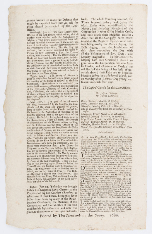 LONDON GAZETTE - ENGLAND - 1687-1688: large selection of issues between #2200 and 2343: plenty of interesting content including issue 2212 (Jan 27, 1687) report from Paris of a Notre Dame thanksgiving for the recovery of King Louis XIV following surgery;