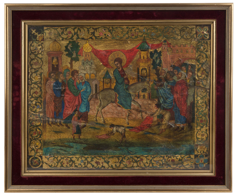 "Palm Sunday" Russian Palekh style painting on board depicting Christ's triumphant return to Jerusalem, 18th/19th century,framed and glazed,39 x 48cm, 50 x 59cm overall