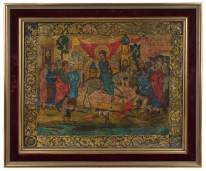 "Palm Sunday" Russian Palekh style painting on board depicting Christ's triumphant return to Jerusalem, 18th/19th century,framed and glazed,39 x 48cm, 50 x 59cm overall