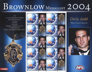 Range of memorabilia as issued by Australia Post; With 1996 AFL Centenary Folder of 16 booklets;  Special Event Sheets 2001 Sydney Swans, 2004 Brownlow winner, Chris Judd & Port Adelaide Power and Essendon 2000, 2001, 2002 & 2003: 2004 set of 16 Prestige 