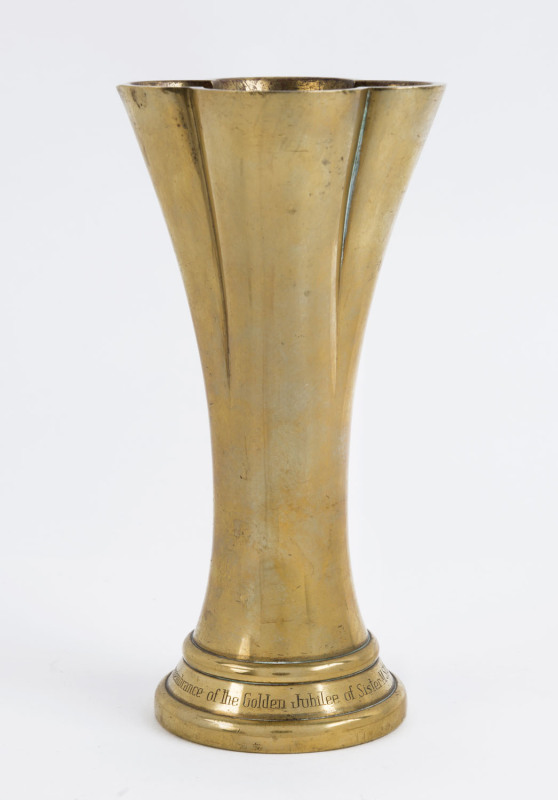 T. GAUNT & CO. solid brass vase engraved "In Remembrance Of The Golden Jubilee Of Sister M. St. Anthony From Mrs. F. Conroy 6/12/56", stamped "T. GAUNT" on the base, 18cm high