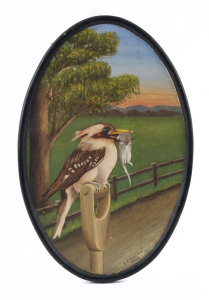 A.L. LYDFORD (Australia), kookaburra with mouse, oil on board, signed lower right "A.L. Lydford, 1943", in oval frame, ​42 x 27cm