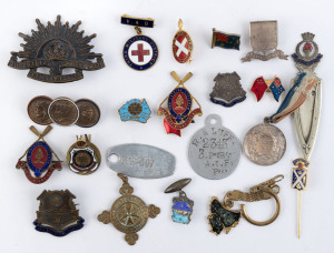 Badges, medals, military dog tags, pins etc, (23 items).