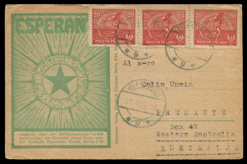 [ESPERANTO] A 1922-23 collection of postal cards, all addressed to "Sinjoro Colin Unwin" in Fremantle and all written in the nascent "Universal" language of Esperanto. Unwin's correspondents were from Rotterdam, Radom, Genoa, Krakow, Wilno, Warsaw and Bia