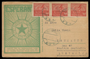 [ESPERANTO] A 1922-23 collection of postal cards, all addressed to "Sinjoro Colin Unwin" in Fremantle and all written in the nascent "Universal" language of Esperanto. Unwin's correspondents were from Rotterdam, Radom, Genoa, Krakow, Wilno, Warsaw and Bia