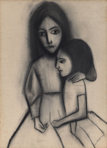 ROBERT HENRY (BOB) DICKERSON (1924 - 2015), Untitled (Sisters), charcoal on art paper laid down on card, signed "DICKERSON" lower right, 38 x 28cm