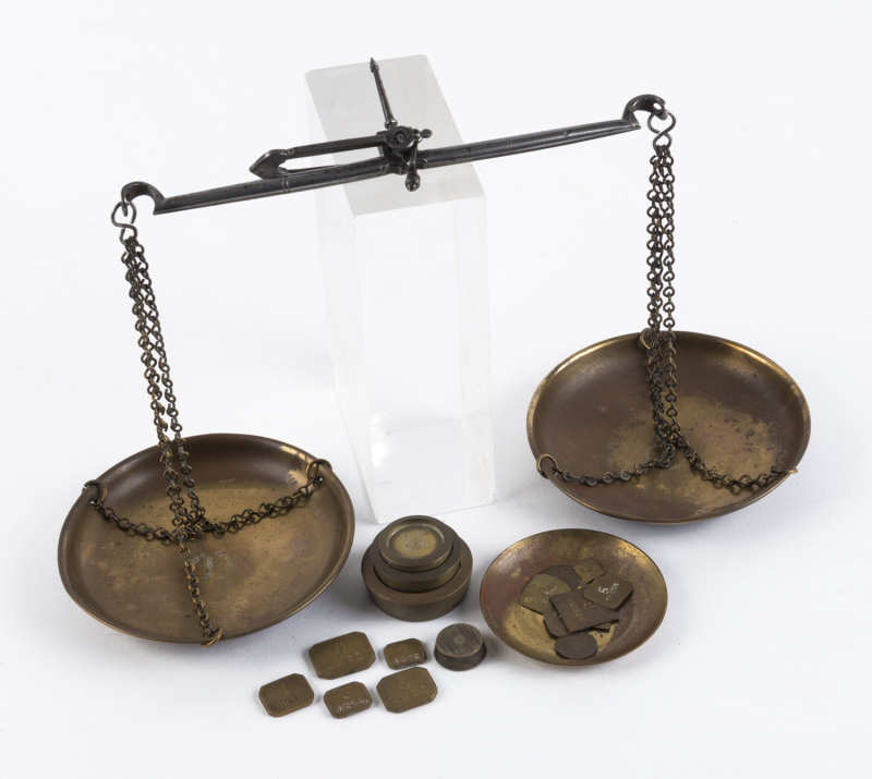 Hand-held gold scales and assorted weights, 19th century,