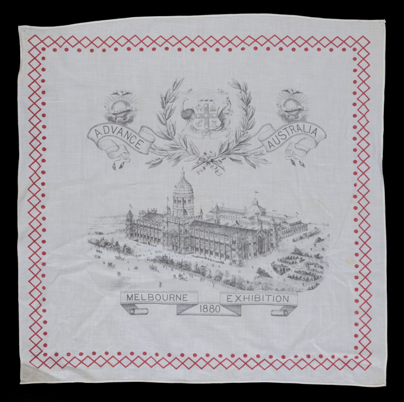 "ADVANCE AUSTRALIA, MELBOURNE EXHIBITION, 1880" pictorial lithograph souvenir cotton scarf, ​50 x 50cm