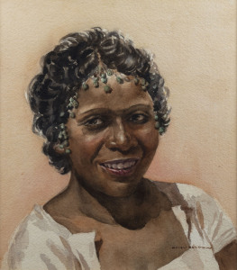 HELEN BALDWIN (1912 - ?) Gumnuts in her hair - Young woman (Lizzie) from Docker River, watercolour on board, signed lower right, 33 x 29cm. With numbered exhibition label verso.