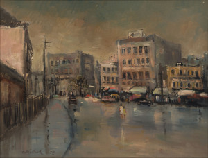 KEITH JAMES CRAIG NICHOL (1921 - 1979) Wet Street, oil on board, signed "T. Nichol" and dated '58" lower left, 51 x 66cm. Also titled and endorsed verso.