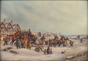 R.M. CROMPTON (British, 19th Century) (Unloading the coach) oil on board, signed lower left,