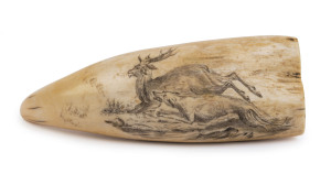 A scrimshaw whale's tooth with deer hunting scene, an impressive ​19cm high