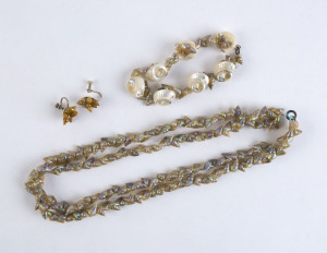 A double strand Tasmanian mariner shell bead necklace, bracelet and earring, (3 items), the necklace 47cm long