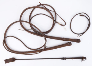 Two antique whips, a fine riding crop and a whip end, early 20th century, (4 items), ​the crop 63cm long