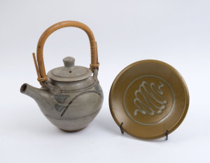 LES BLAKEBOROUGH pottery teapot and dish, both stamped "L.B." one with Sturt Pottery mark, the teapot 25cm high