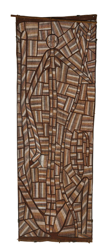 JAMES IYUNA (1959 - ), Mimeh, bark and natural earth pigments, Maningrida Art & Culture documentation verso, No. AKG 334, ​159 x 56cm