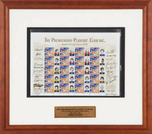 PREMIERSHIP PLAYERS' CLUB: 2008 display "Ninth Personalised Stamp Issue" comprising sheet of 20 personalised stamps,  with 20 signatures in margin including George Hassell, Wally May, Terry Fulton, Jim Gallagher, Ralph Lane, John McArthur, Kevin Cowboy Ne