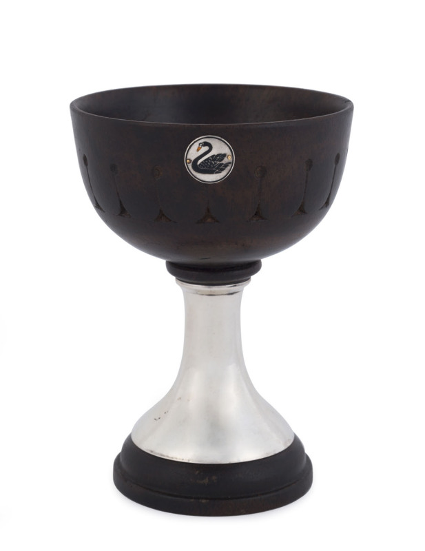 An Australian silver and carved wooden goblet with enamel black swan cartouche, Western Australian origin, circa 1900, 15cm high, 10.5cm diameter