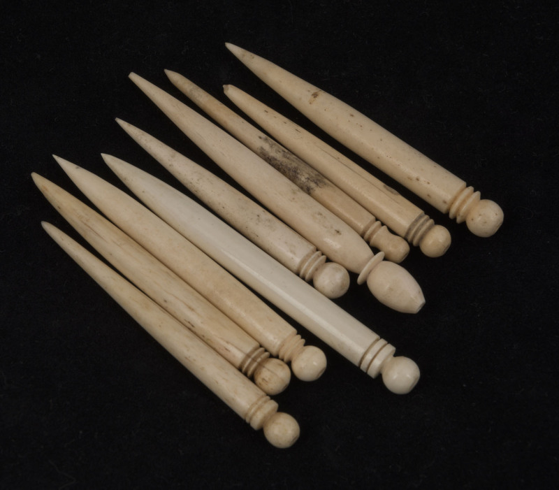 Group of nine assorted turned whalebone bodkins, 19th century, ​the largest 10cm high