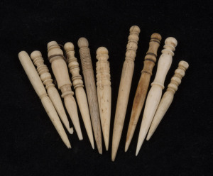 Group of ten assorted turned whalebone bodkins, 19th century, ​the largest 9cm high