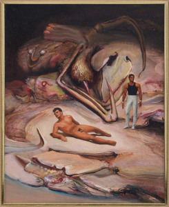 JAMES TIMOTHY GLEESON (1915 - 2008) Reclining Nude in Psychoscape, oil on board, signed lower right, 25 x 20cm,