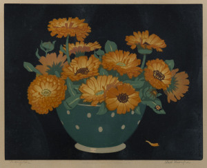 JOHN HALL THORPE (1874 - 1947), Marigolds, coloured woodcut, signed lower right, titled lower left, 23 x 29cm.
