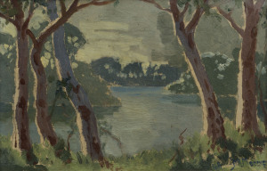 M.L. MOODIE (active 1917 - 1950), (The lake through the trees), oil on board, signed & dated '49' lower right, 14 x 21cm.